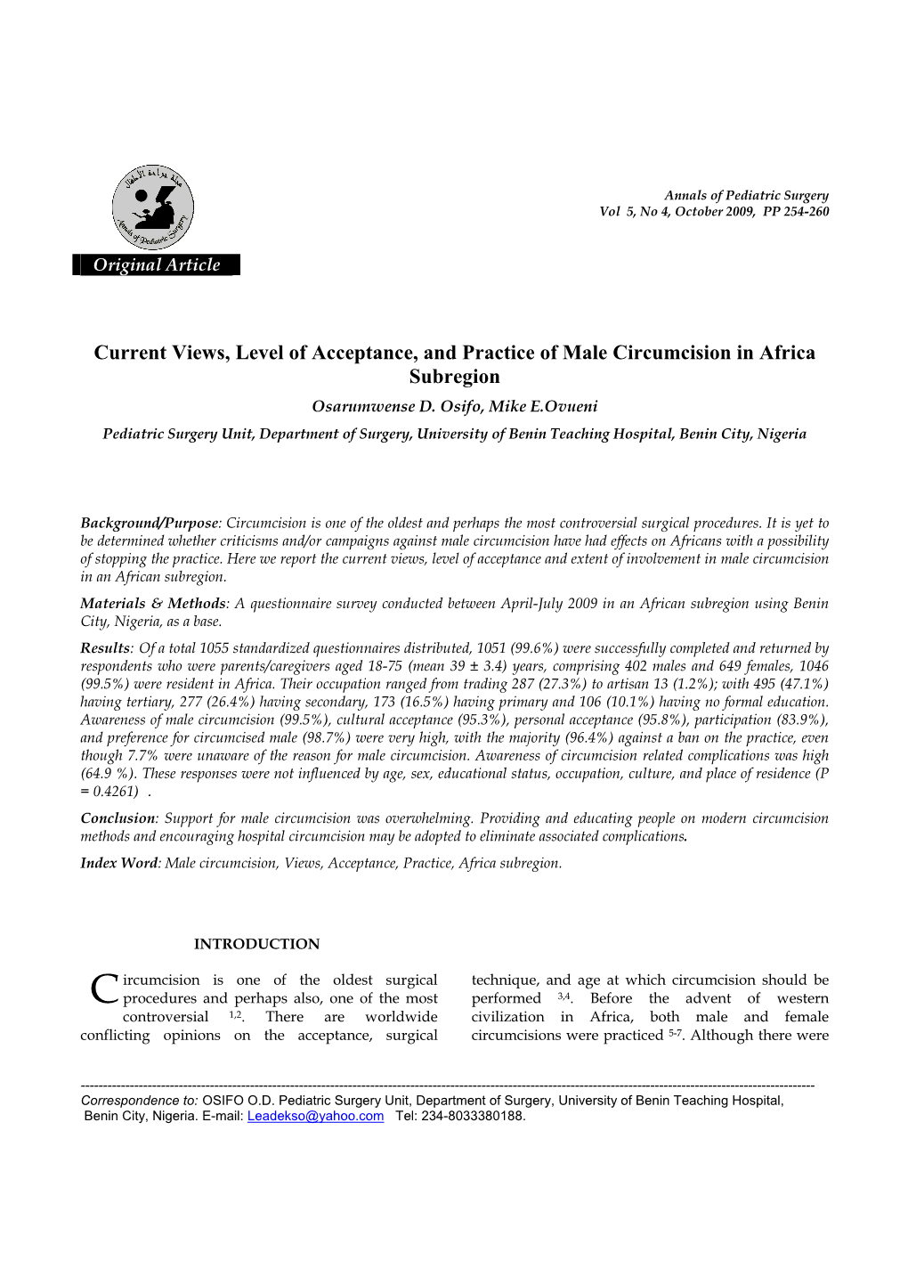 Current Views, Level of Acceptance, and Practice of Male Circumcision in Africa Subregion Osarumwense D