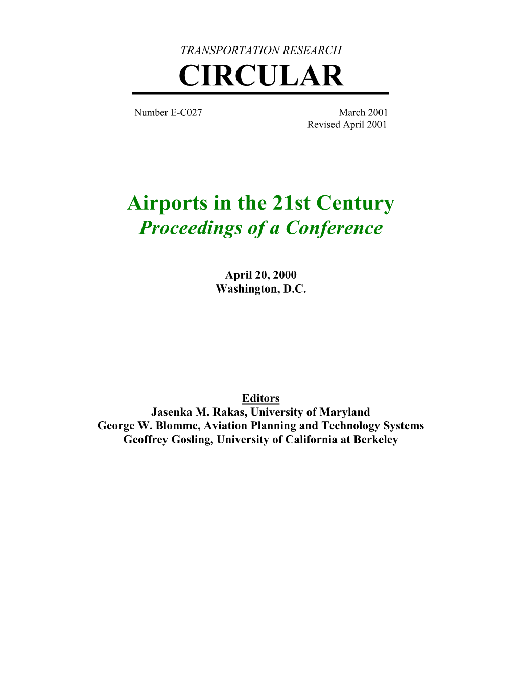 EC027: Airports in the 21St Century: Proceedings of a Conference