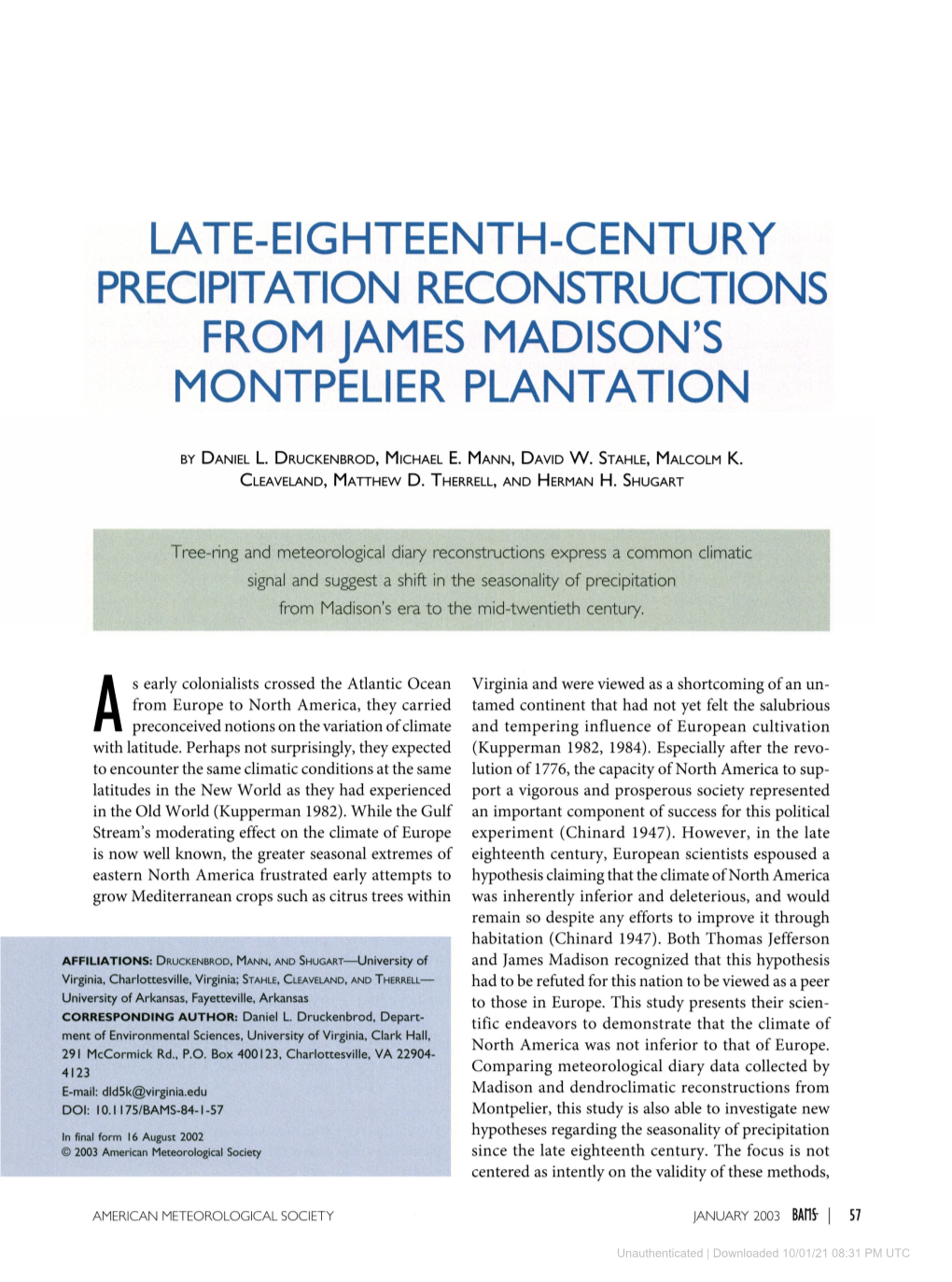 Late-Eighteenth-Century Precipitation Reconstructions from James Madison's Montpelier Plantation