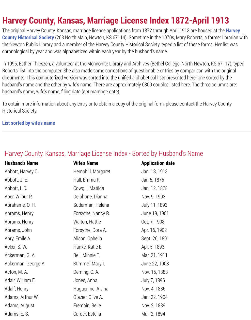 Harvey County, Kansas, Marriage License Index 1872-April 1913