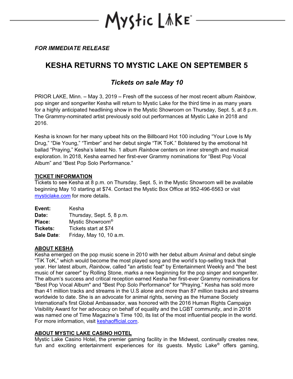 Kesha Returns to Mystic Lake on September 5