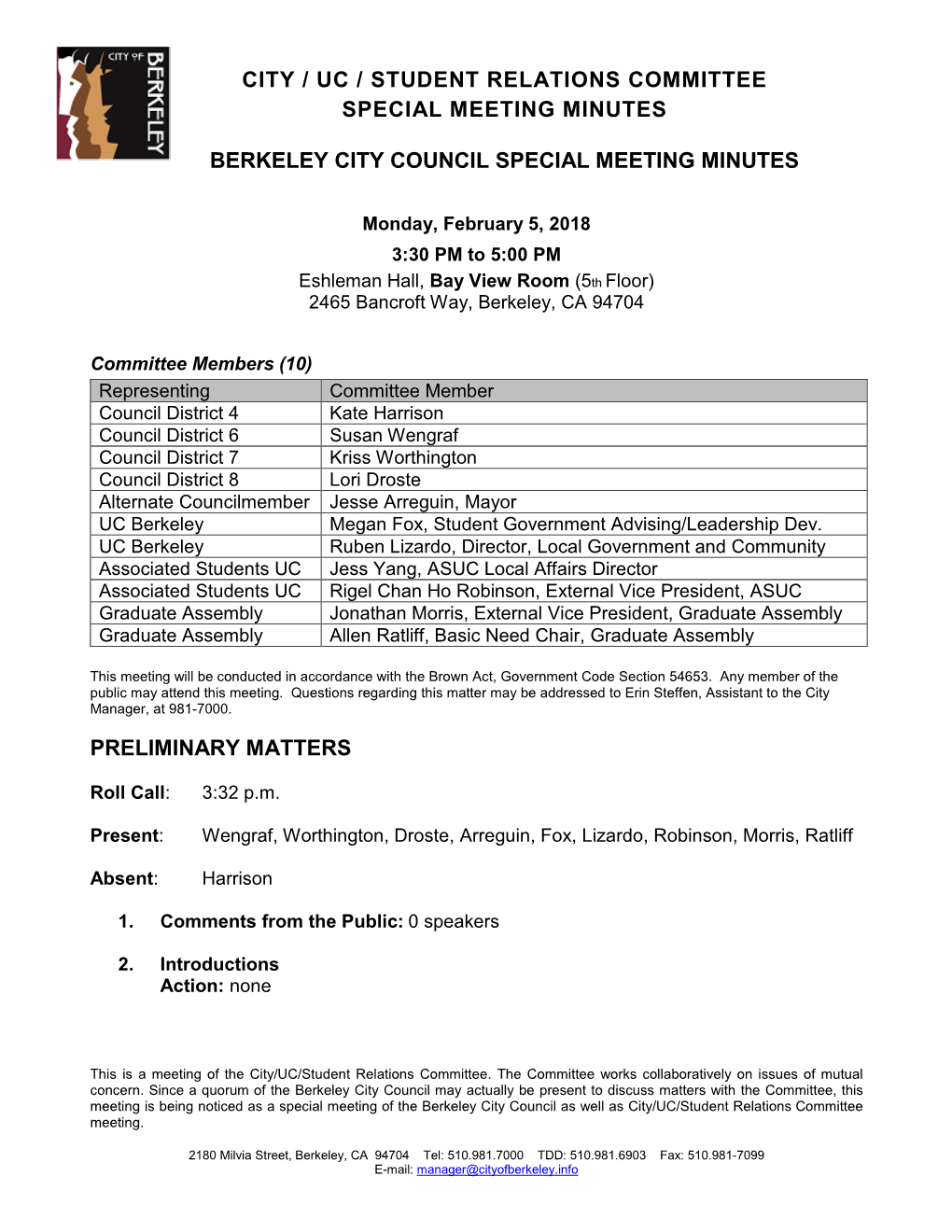 City / Uc / Student Relations Committee Special Meeting Minutes Berkeley