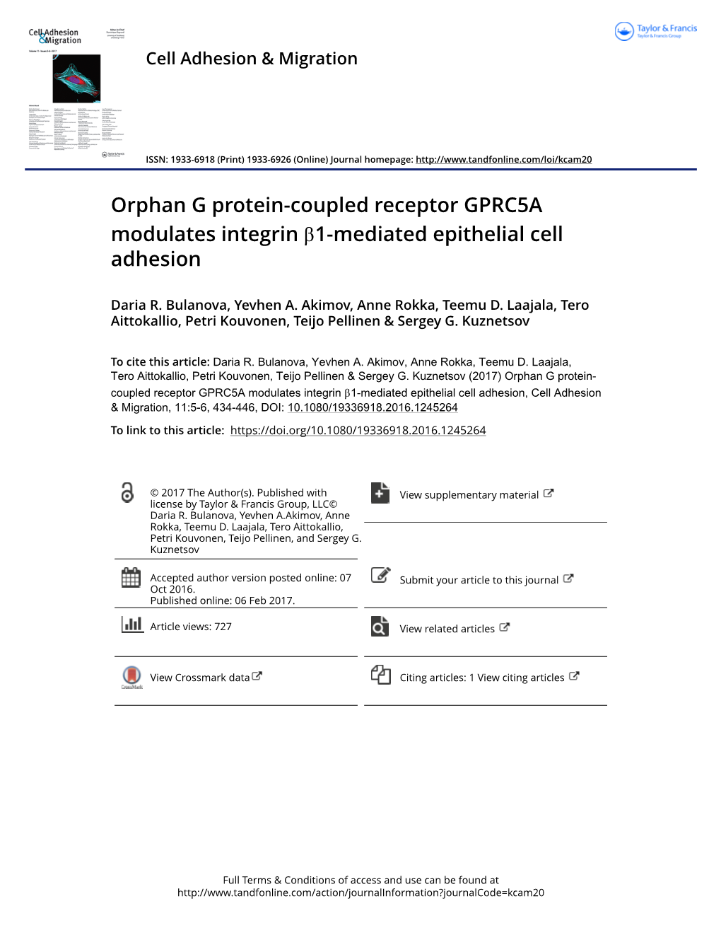 Orphan G Protein-Coupled Receptor GPRC5A Modulates Integrin Β1-Mediated Epithelial Cell Adhesion