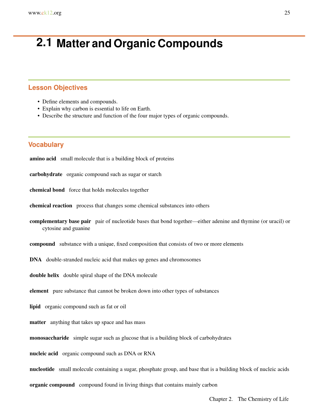 2.1 Matter and Organic Compounds