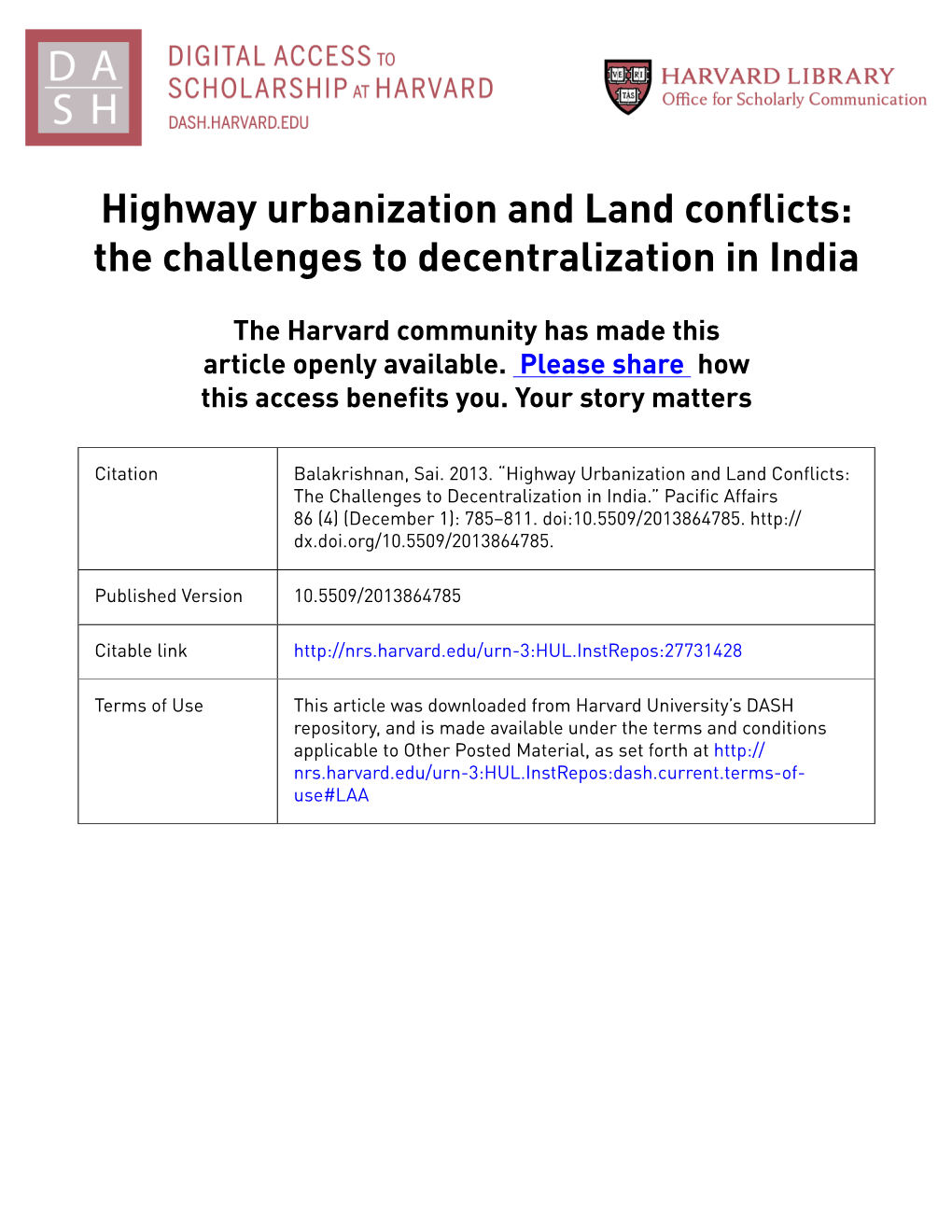 Highway Urbanization and Land Conflicts: the Challenges to Decentralization in India