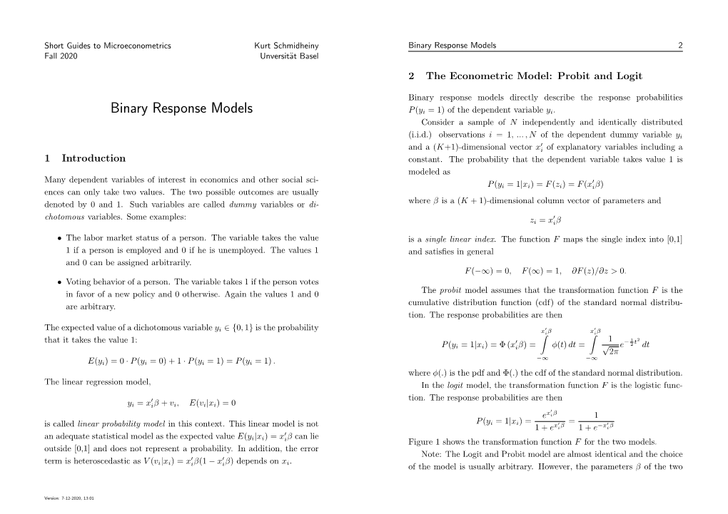 Binary Response Models 2 Fall 2020 Unversit¨Atbasel