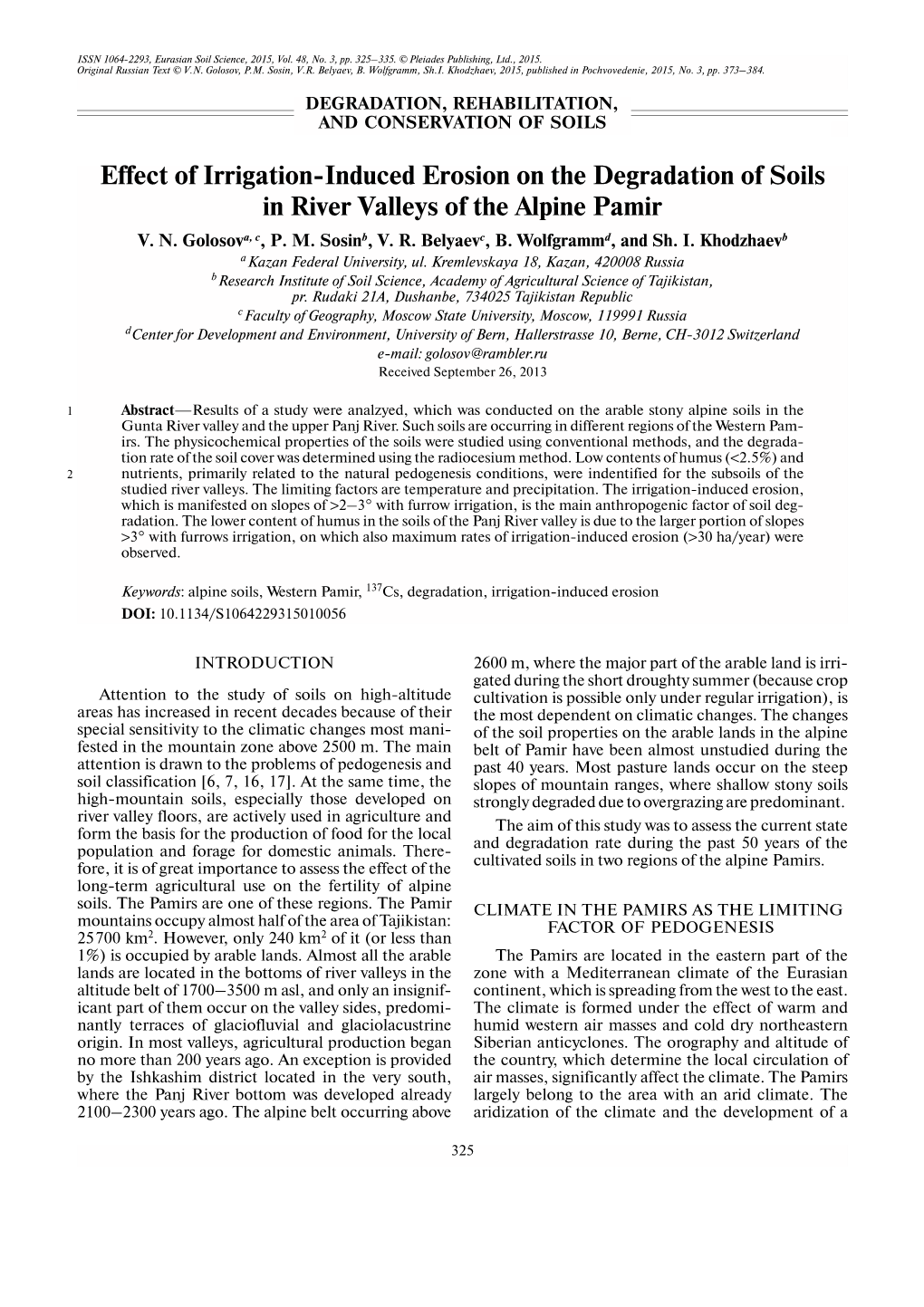 Effect of Irrigation Induced Erosion on the Degradation of Soils in River Valleys of the Alpine Pamir