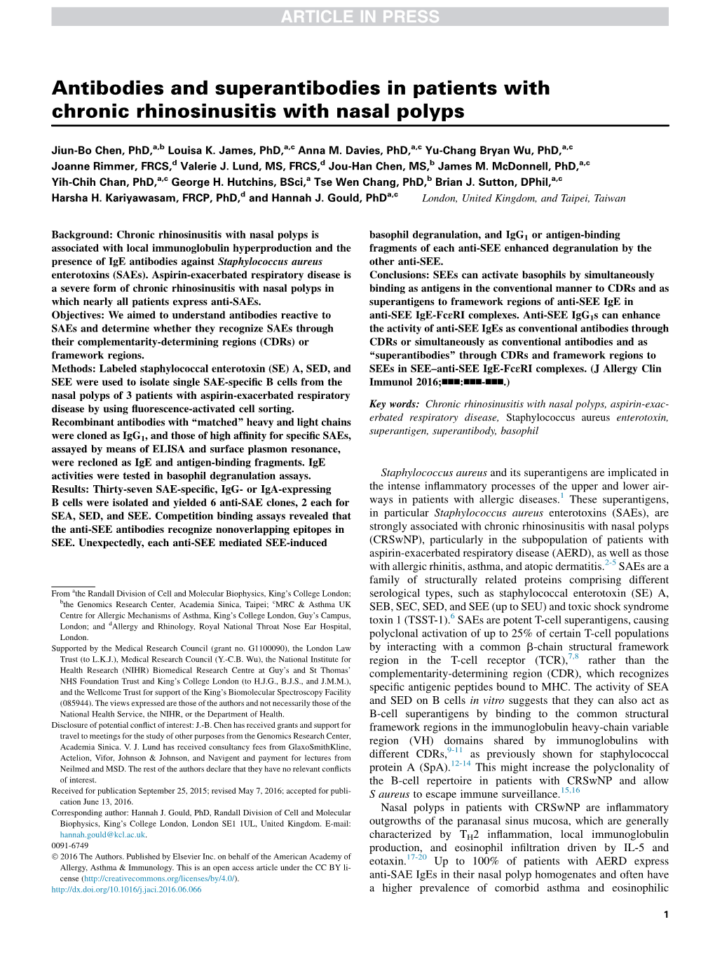 Antibodies and Superantibodies in Patients with Chronic Rhinosinusitis with Nasal Polyps