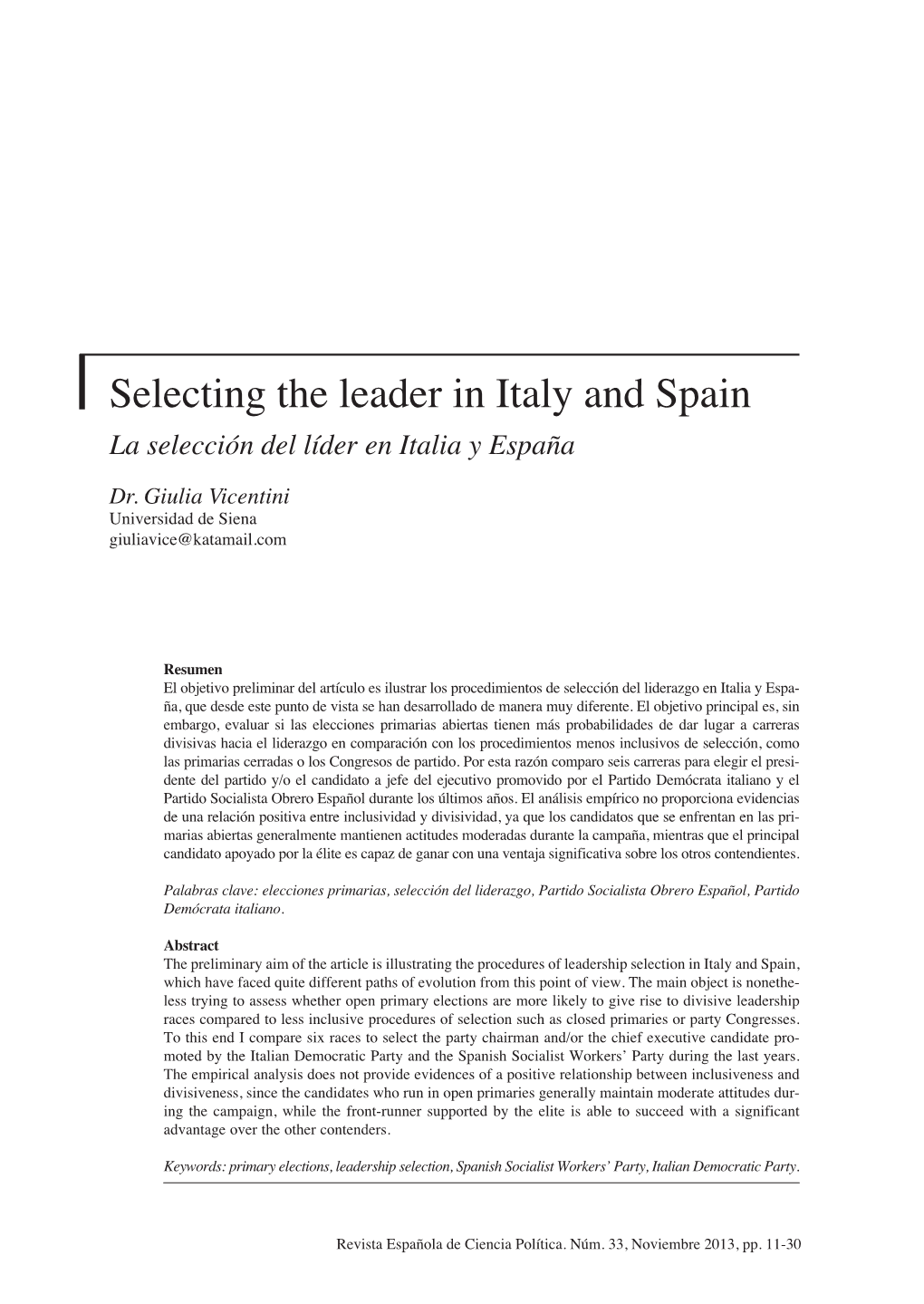 Selecting the Leader in Italy and Spain La Selección Del Líder En Italia Y España