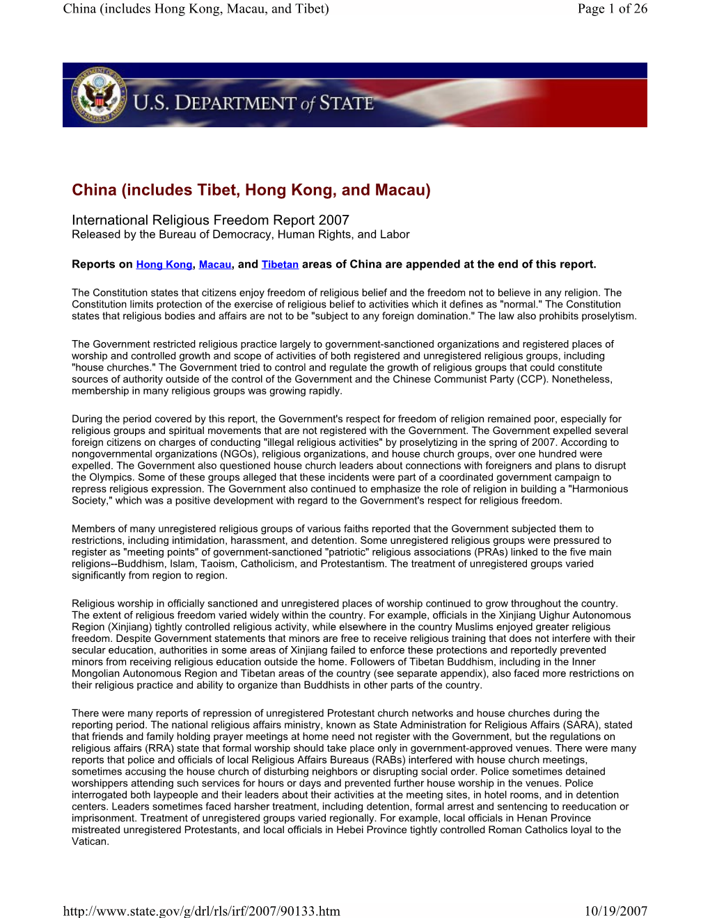 Report on International Religious Freedom 2007: China