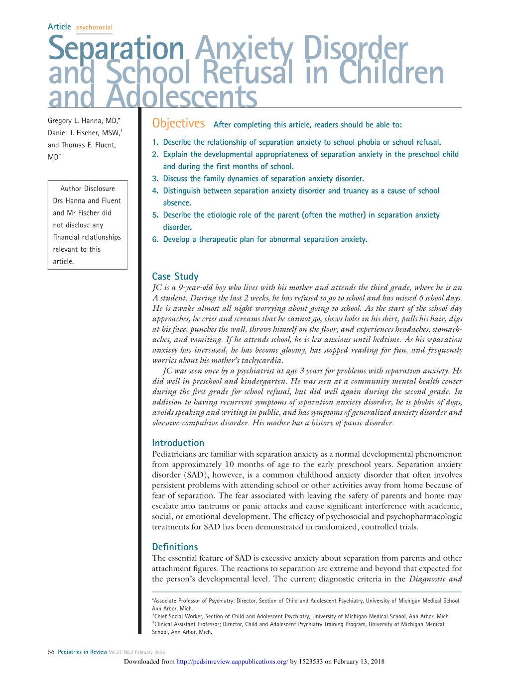 Separation Anxiety Disorder and School Refusal in Children and Adolescents Gregory L