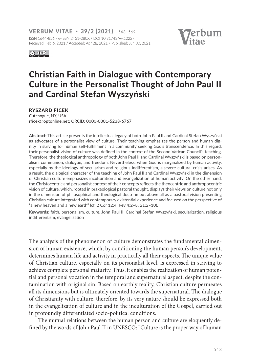 Christian Faith in Dialogue with Contemporary Culture in The