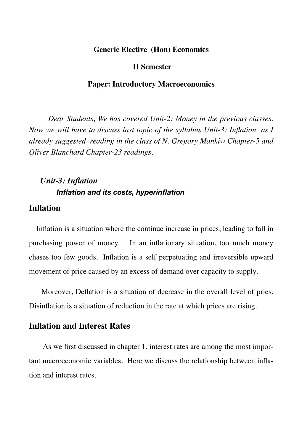 6 WEEK GE(Hon) Economics Iith Semeter-Introductory Macroeconomics