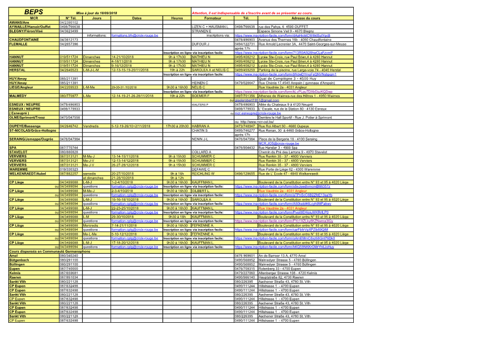 Mise À Jour Du 18/09/2018 Attention, Il Est Indispensable De S'inscrire Avant De Se Présenter Au Cours