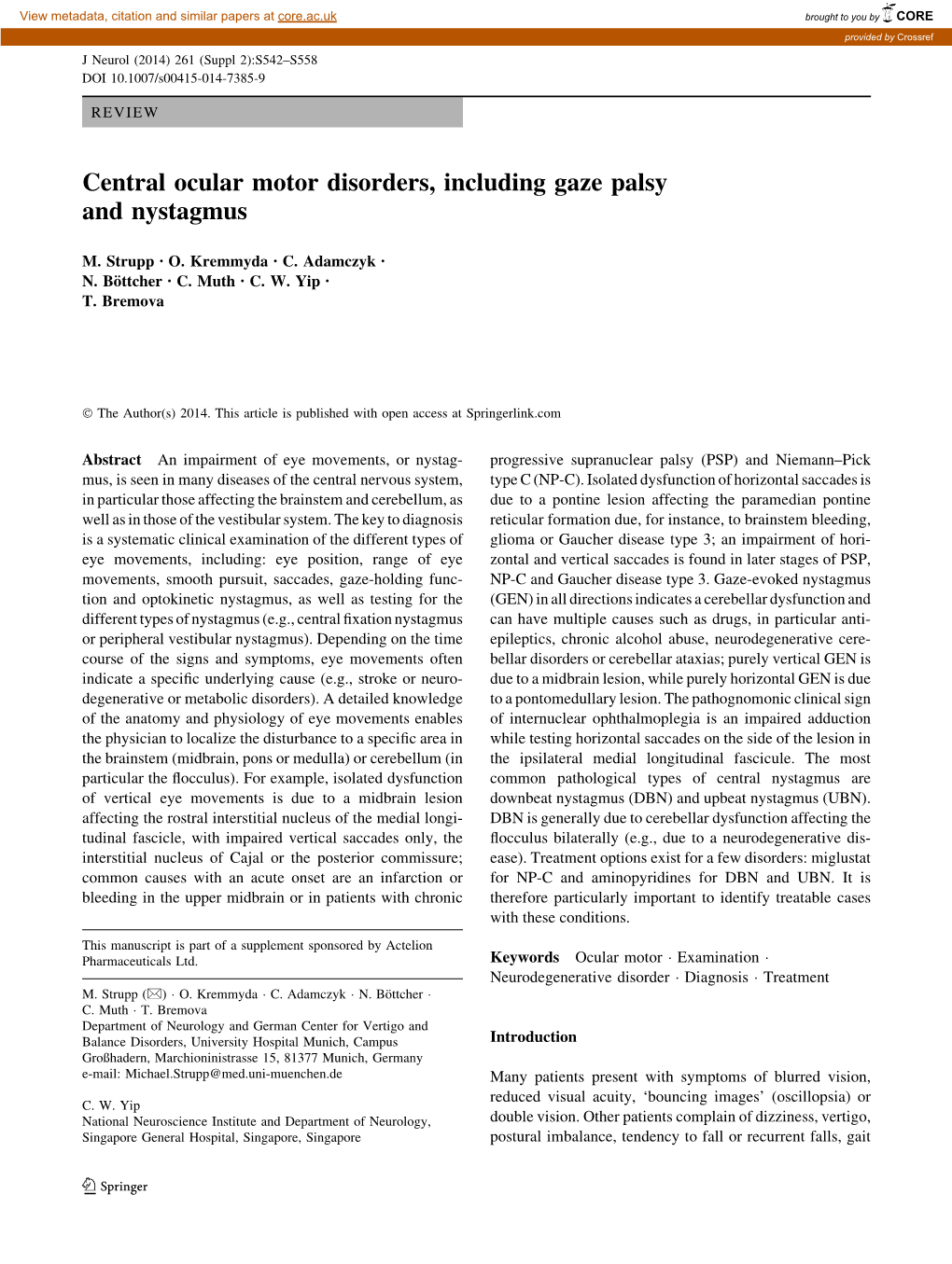 Central Ocular Motor Disorders, Including Gaze Palsy and Nystagmus