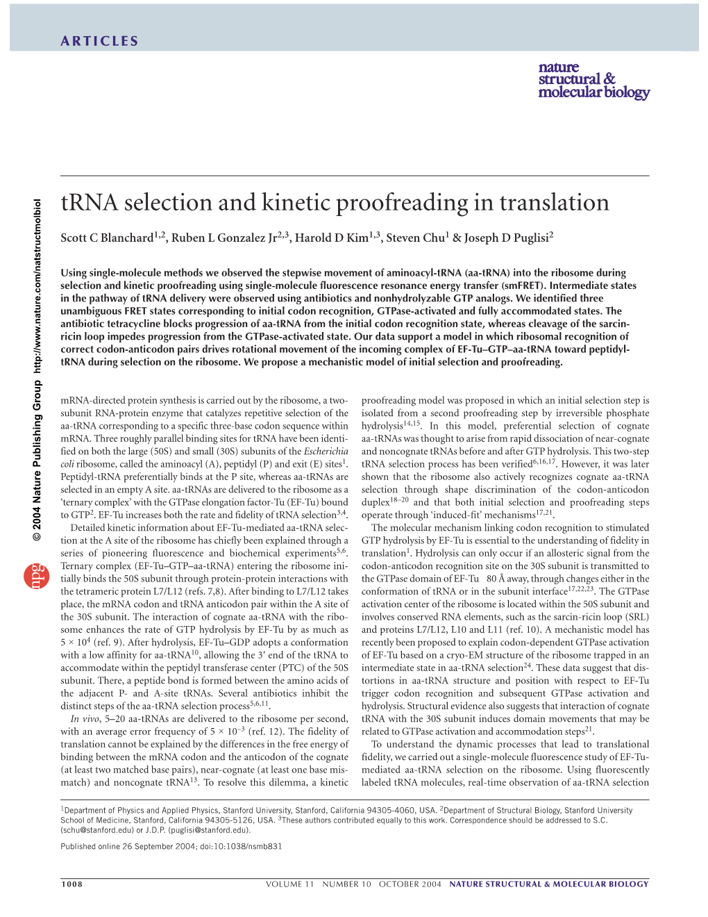 Trna Selection and Kinetic Proofreading in Translation
