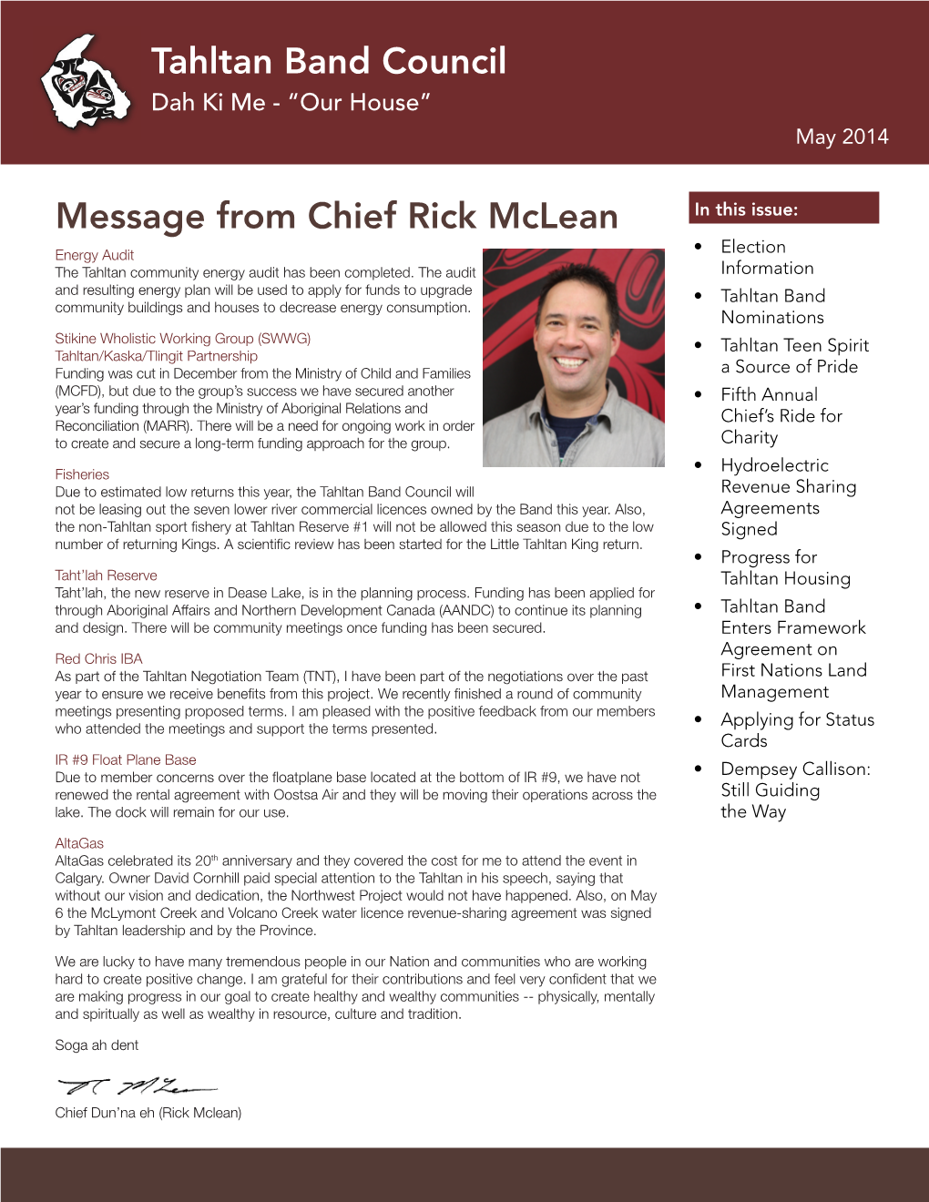 Tahltan Band Council Message from Chief Rick Mclean