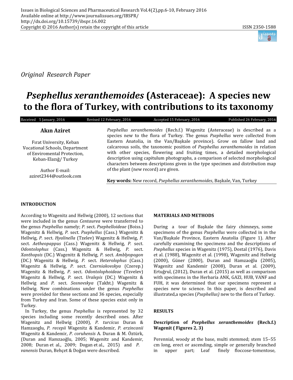 Psephellus Xeranthemoides (Asteraceae): a Species New to the Flora of Turkey, with Contributions to Its Taxonomy