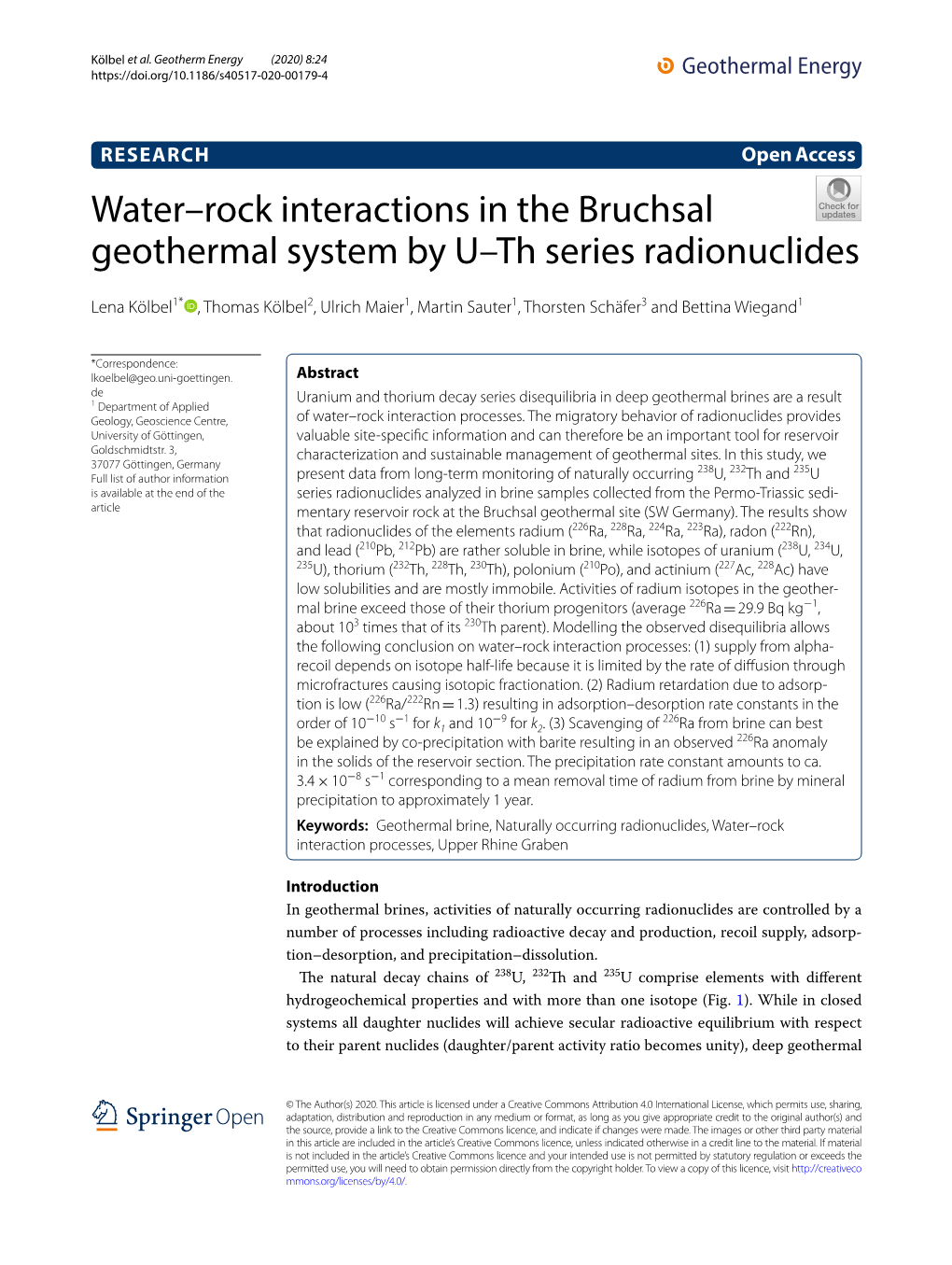 Water–Rock Interactions in the Bruchsal Geothermal System by U–Th Series Radionuclides