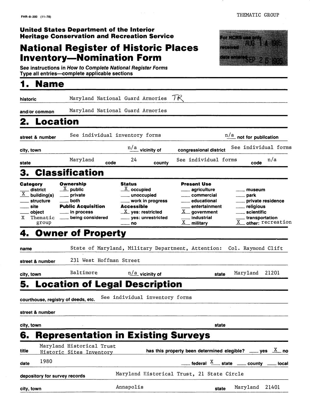 2. Location Street & Number See Individual Inventory Forms N/A Not for Publication