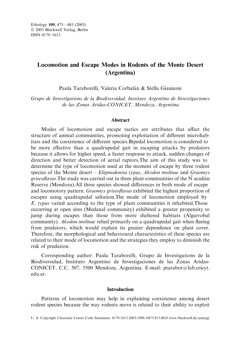 Locomotion and Escape Modes in Rodents of the Monte Desert (Argentina)