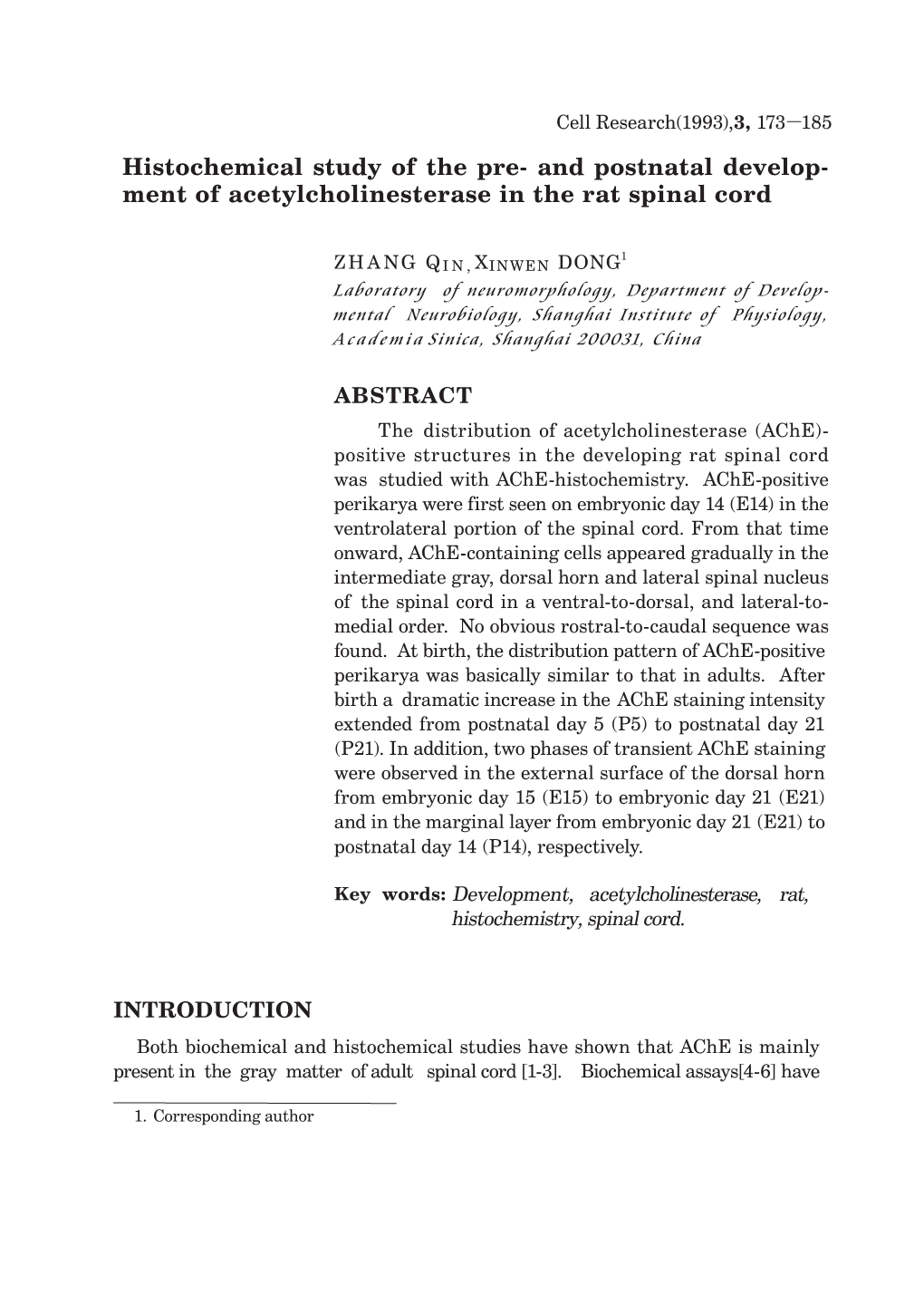 Ment of Acetylcholinesterase in the Rat Spinal Cord