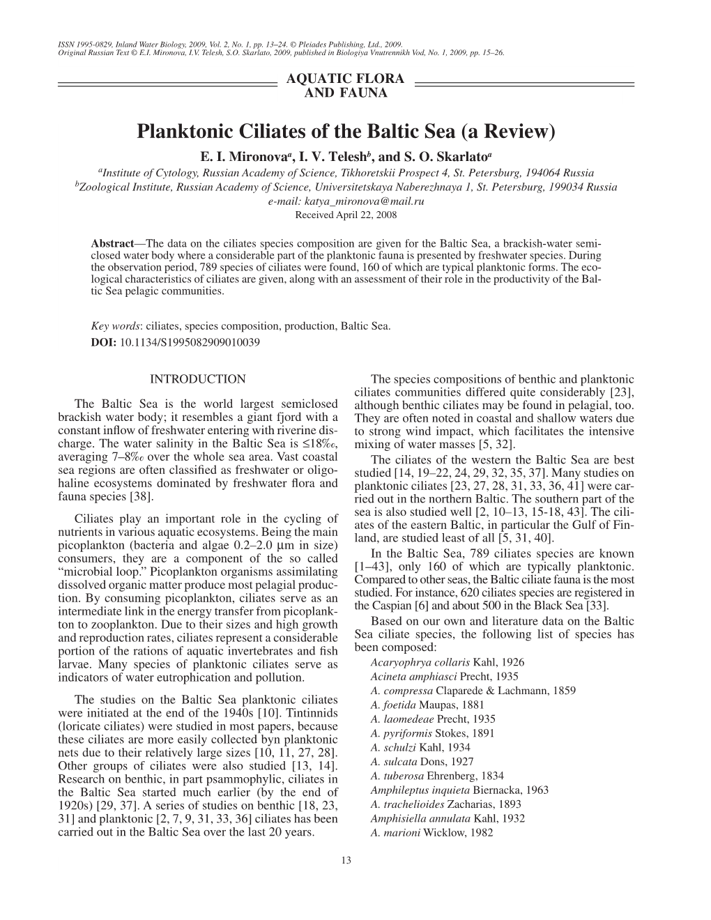 Planktonic Ciliates of the Baltic Sea (A Review) E