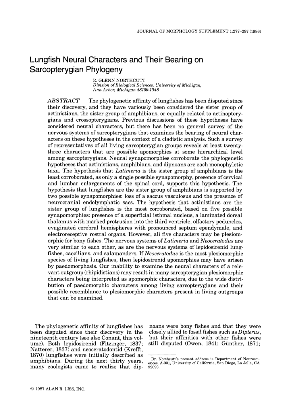 Lungfish Neural Characters and Their Bearing on Sarcopterygian Phylogeny R