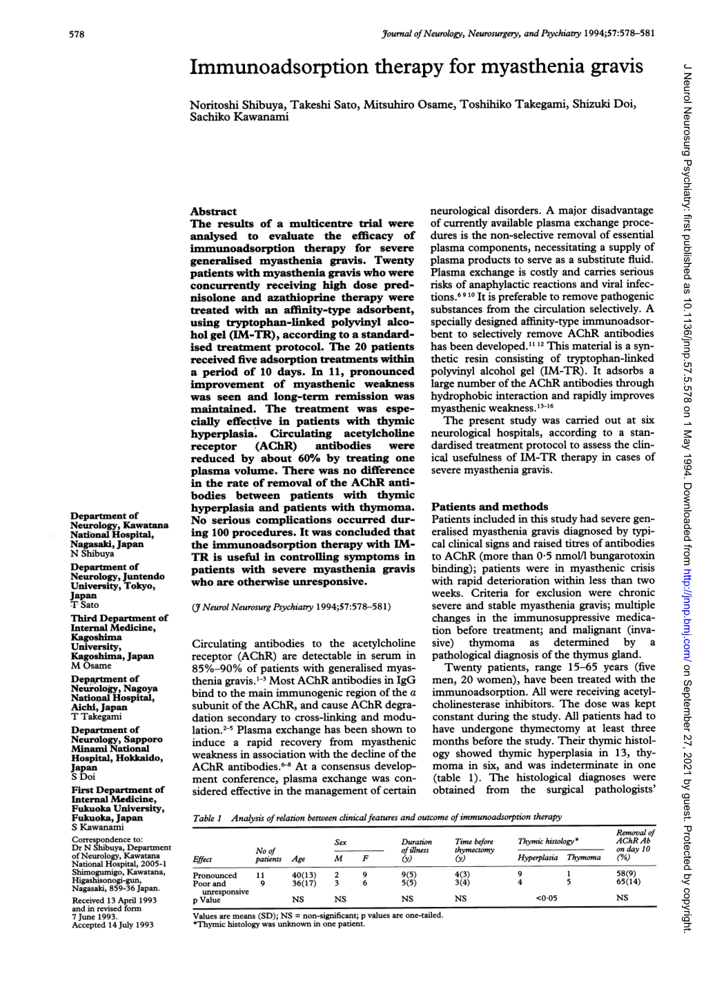 Immunoadsorption Therapy for Myasthenia Gravis J Neurol Neurosurg Psychiatry: First Published As 10.1136/Jnnp.57.5.578 on 1 May 1994