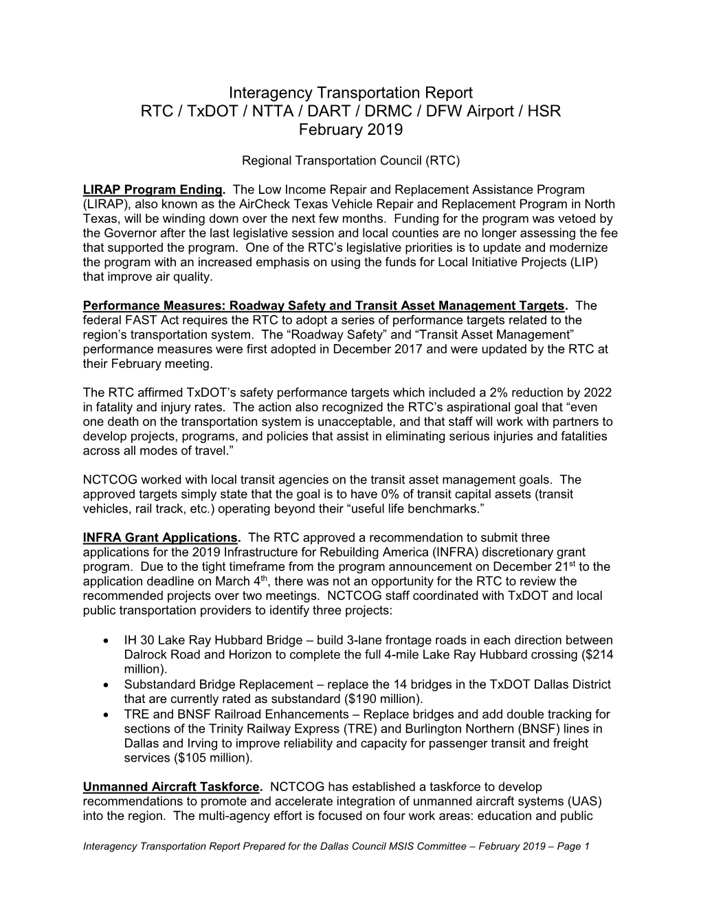 Interagency Transportation Report RTC / Txdot / NTTA / DART / DRMC / DFW Airport / HSR February 2019