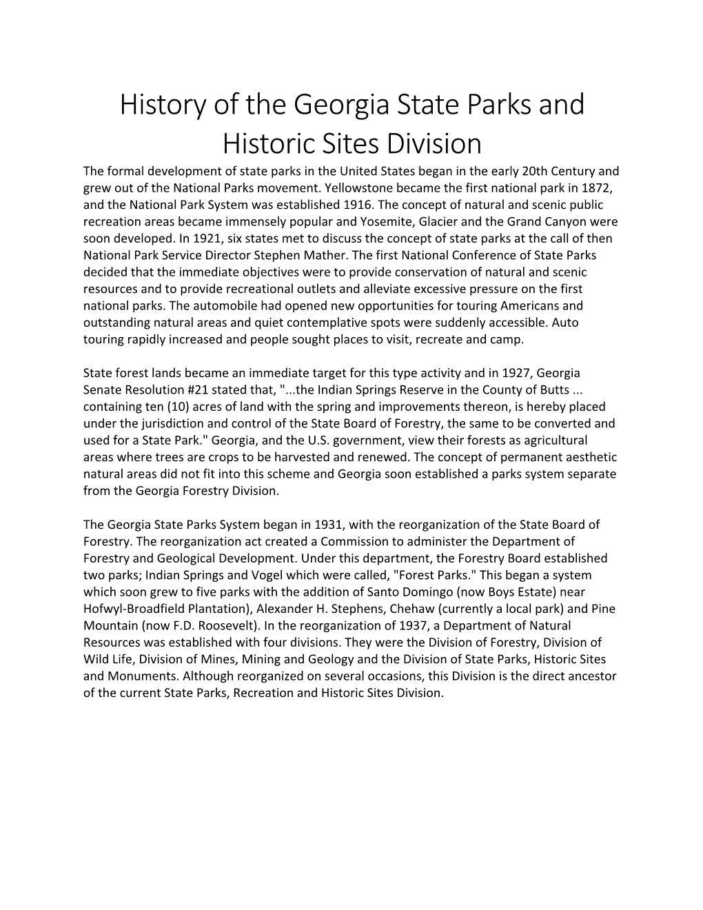 History of the Georgia State Parks and Historic Sites Division