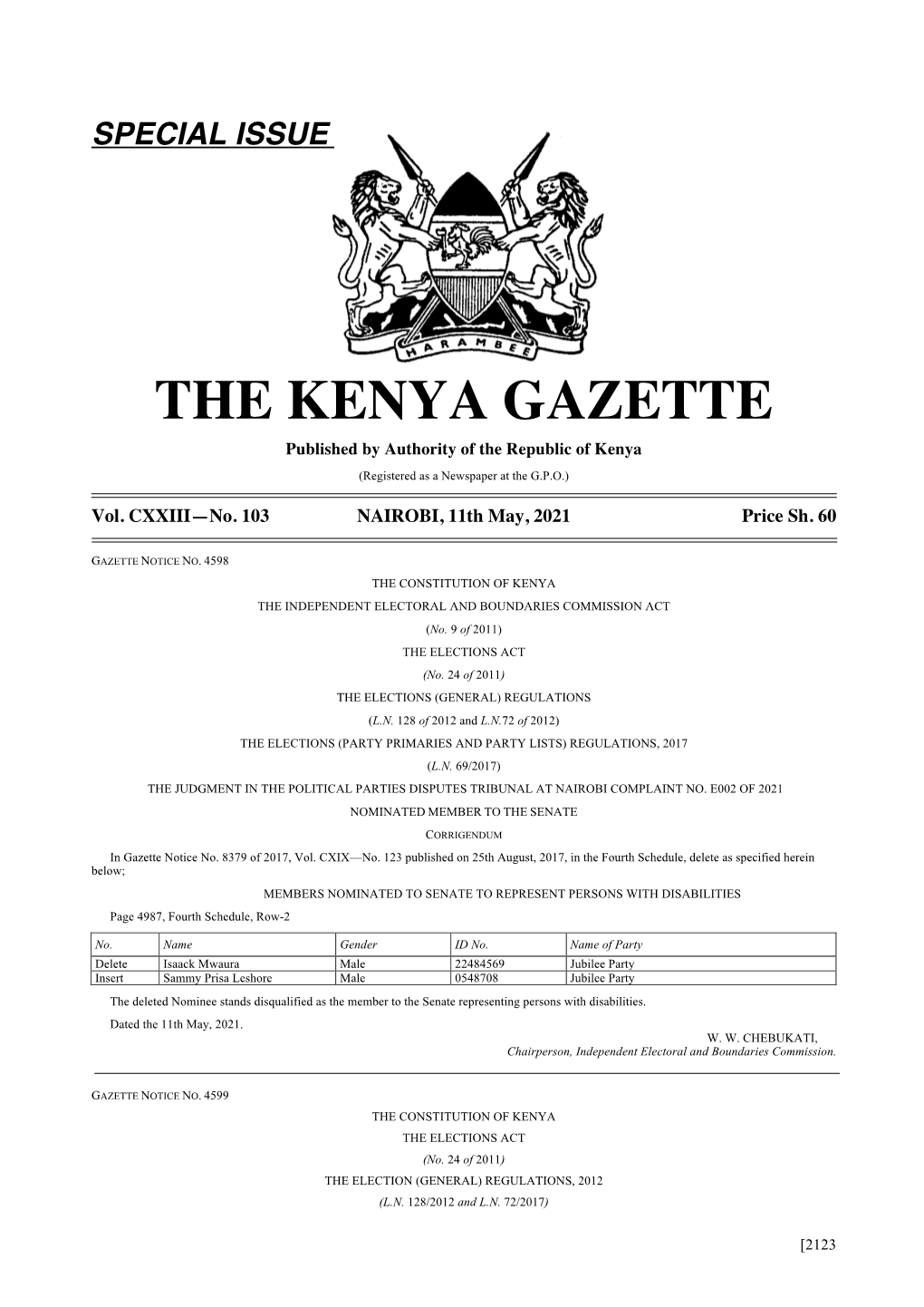 THE KENYA GAZETTE Published by Authority of the Republic of Kenya (Registered As a Newspaper at the G.P.O.)