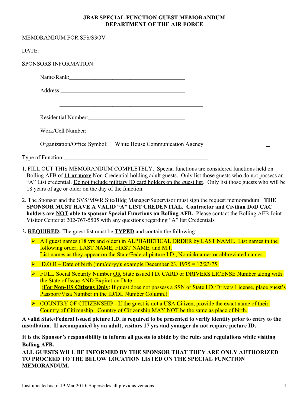 11Th Wing Special Function Guest Memorandum