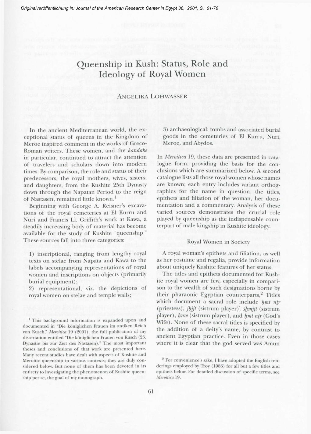 Queenship in Kush: Status, Role and Ideology of Royal Women