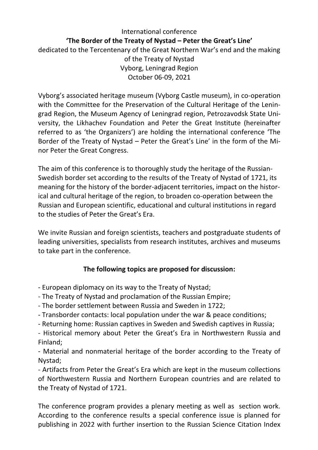 International Conference 'The Border of the Treaty of Nystad – Peter The