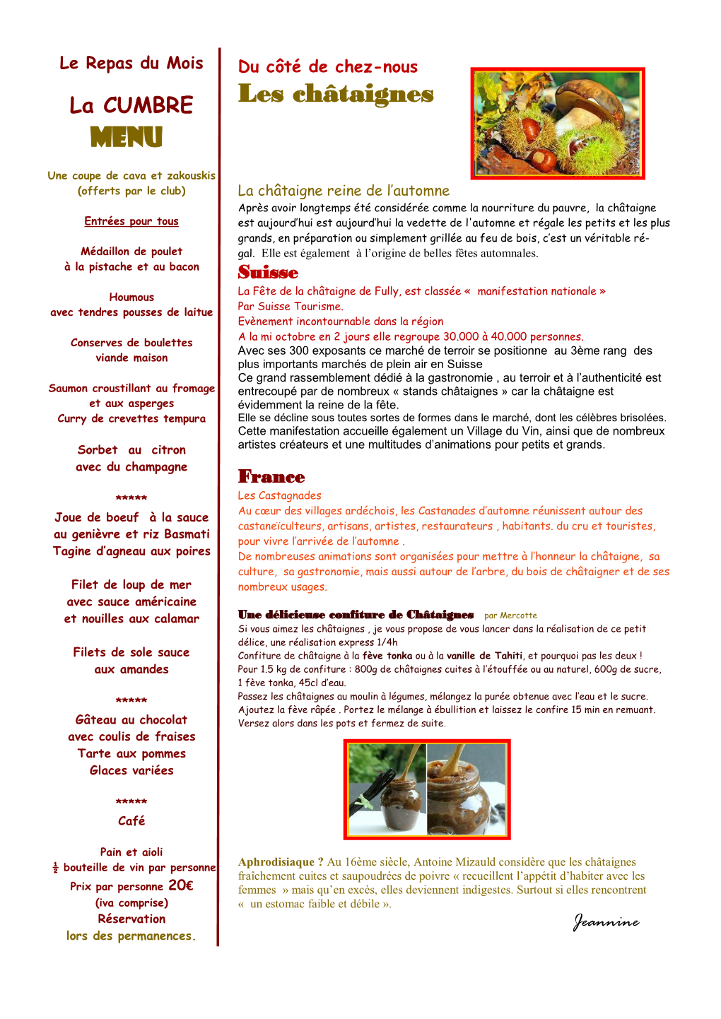 Les Châtaignes Menu