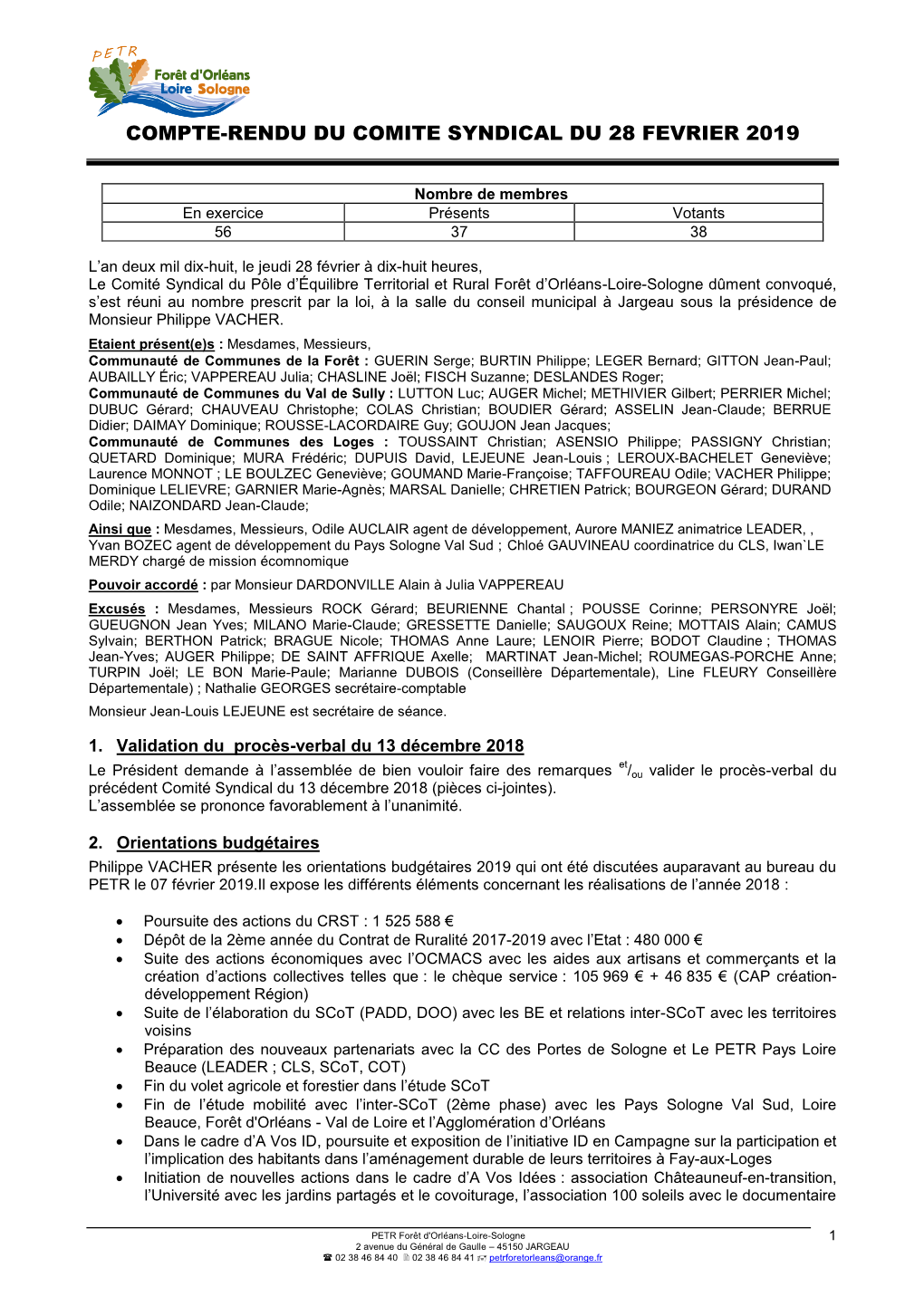 Compte-Rendu Du Comite Syndical Du 28 Fevrier 2019