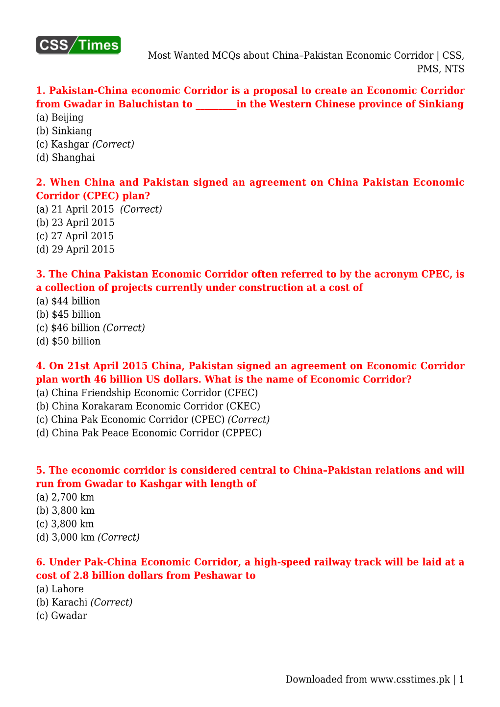 Most Wanted Mcqs About China–Pakistan Economic Corridor | CSS, PMS, NTS
