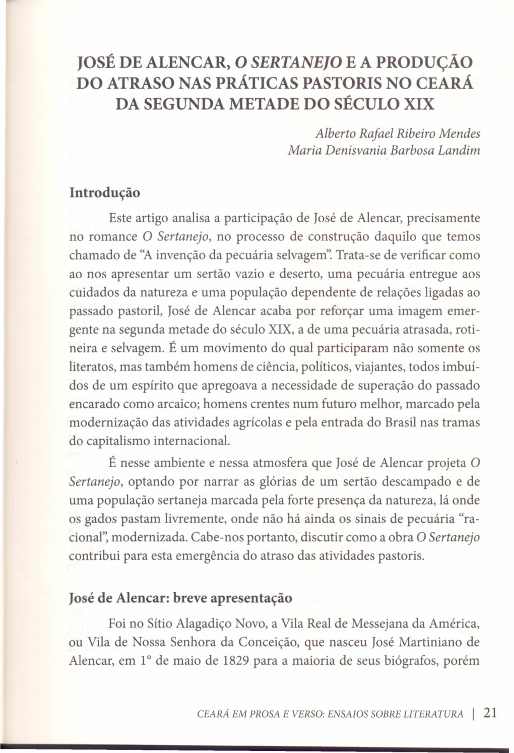 José De Alencar, O Sertanejo E a Produção Do Atraso Nas Práticas Pastoris No Ceará Da Segunda Metade Do Século Xix