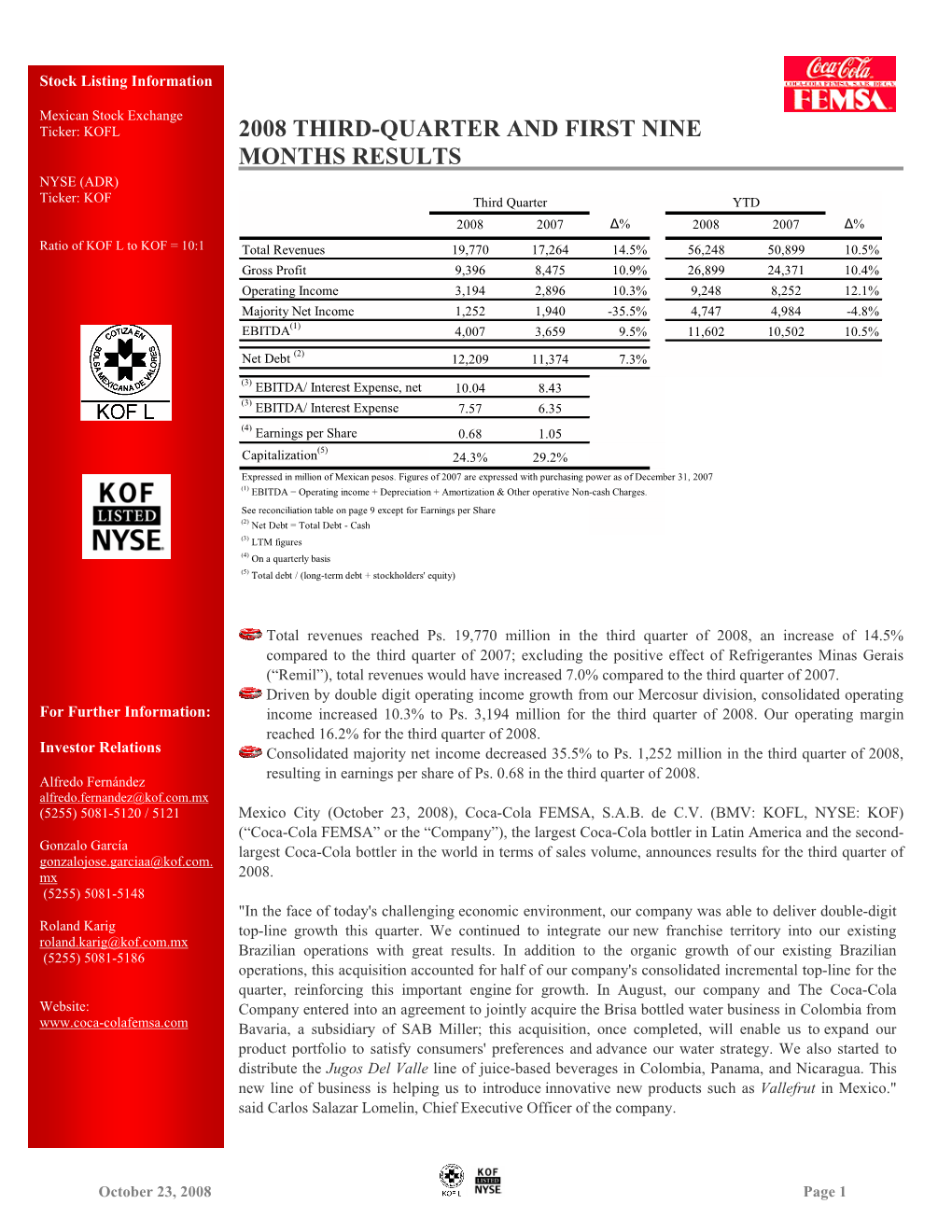 2008 Third-Quarter and First Nine Months Results