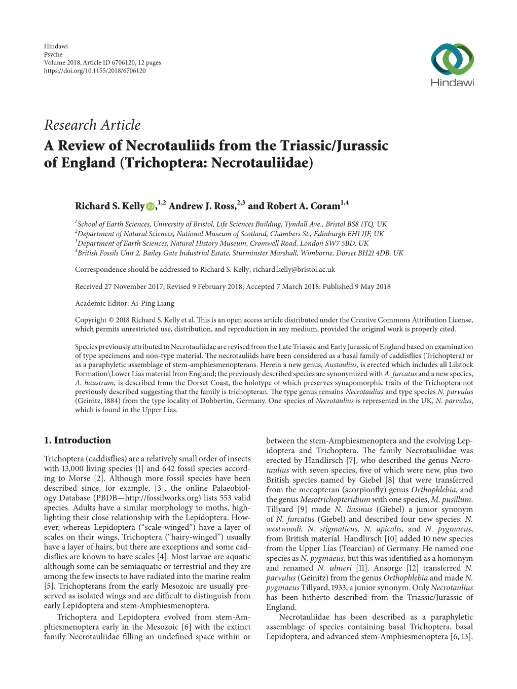 A Review of Necrotauliids from the Triassic/Jurassic of England (Trichoptera: Necrotauliidae)