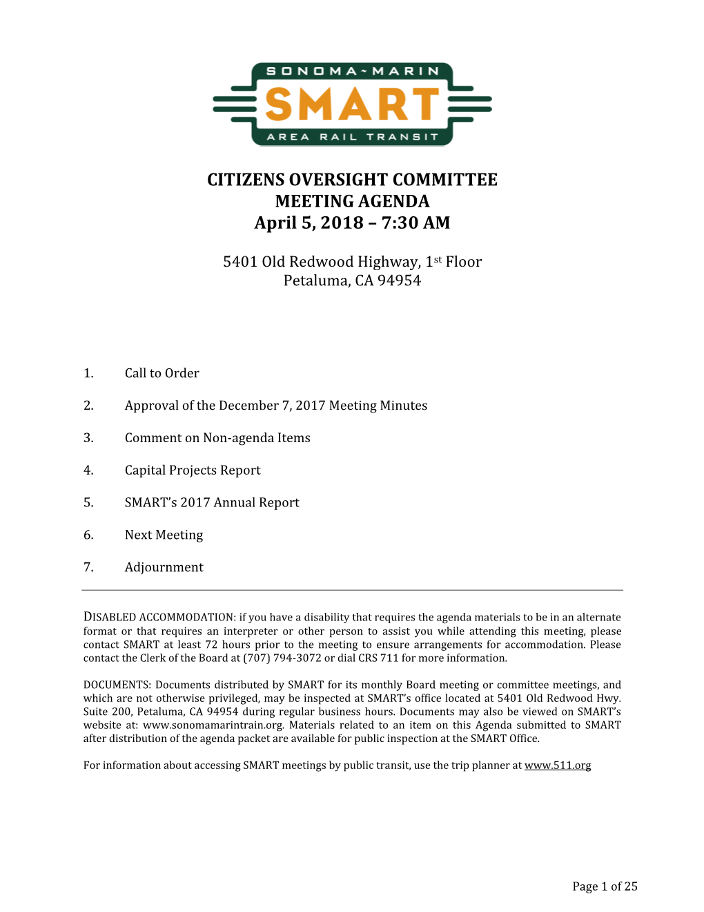 CITIZENS OVERSIGHT COMMITTEE MEETING AGENDA April 5, 2018 – 7:30 AM