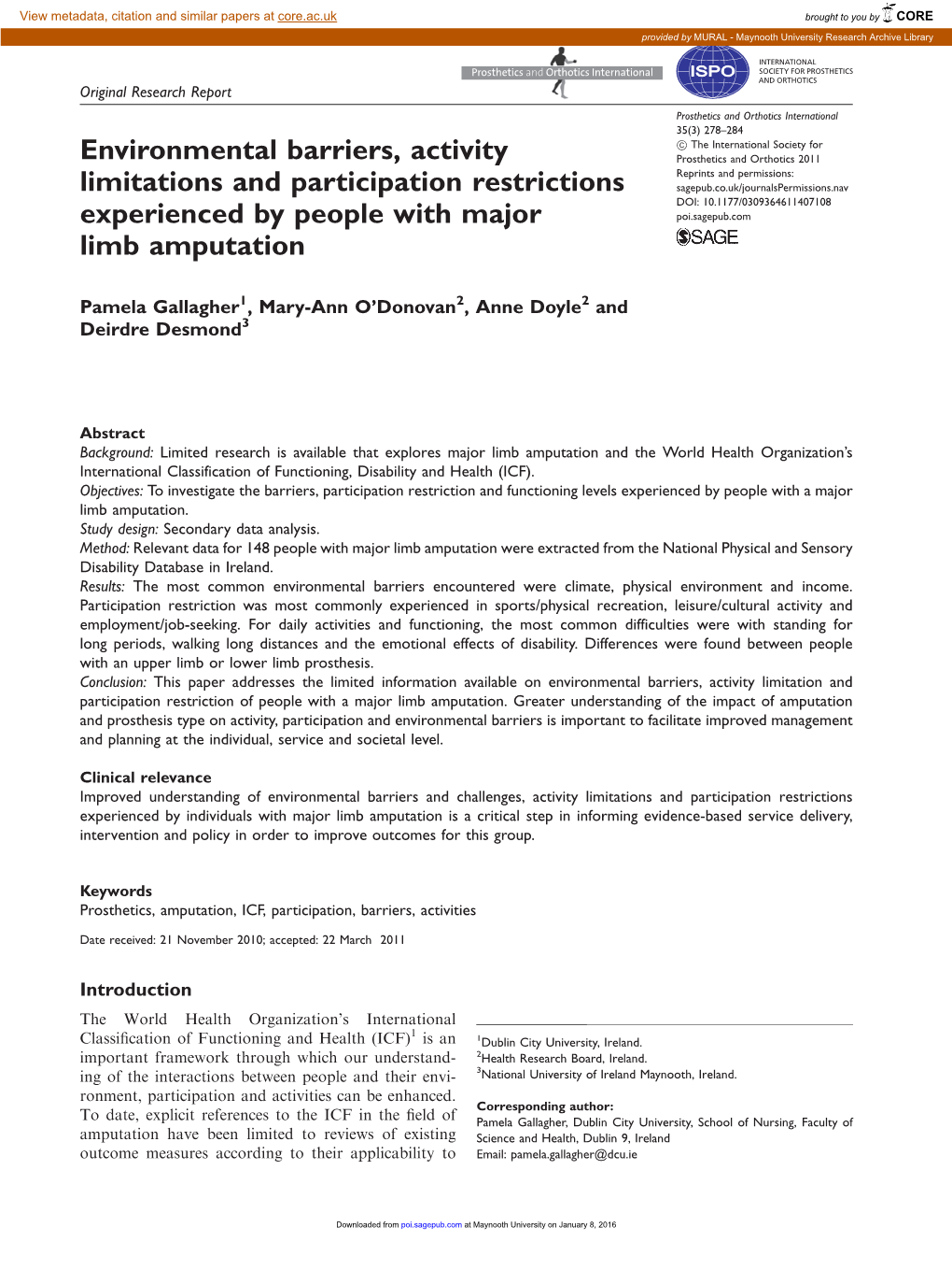 Environmental Barriers, Activity Limitations and Participation