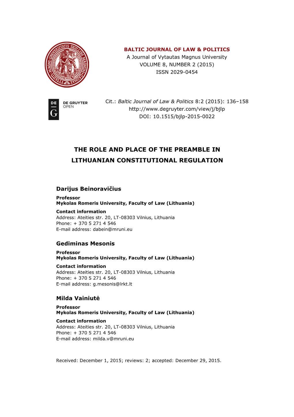 The Role and Place of the Preamble in Lithuanian Constitutional Regulation