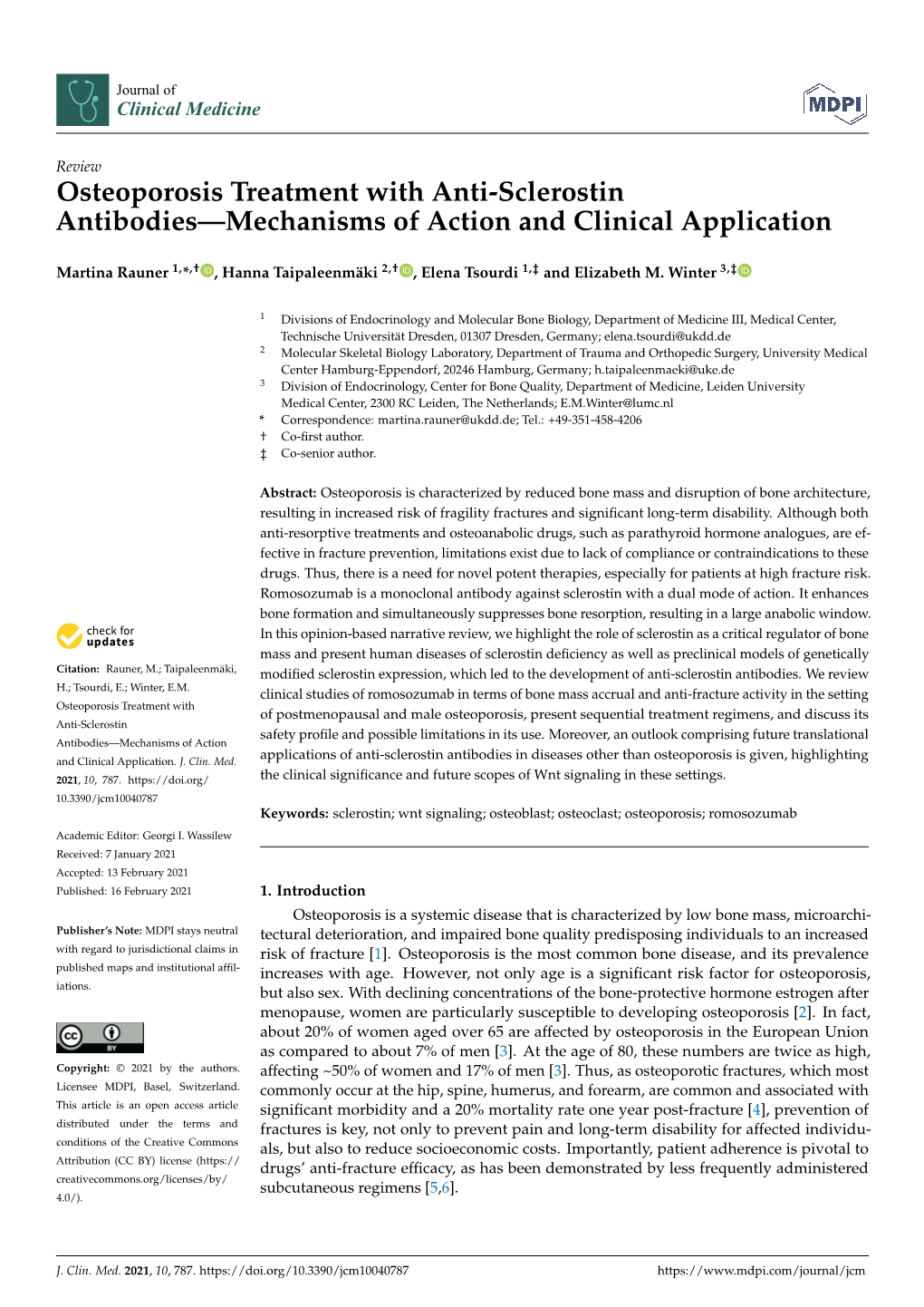 Osteoporosis Treatment with Anti-Sclerostin Antibodies—Mechanisms of Action and Clinical Application