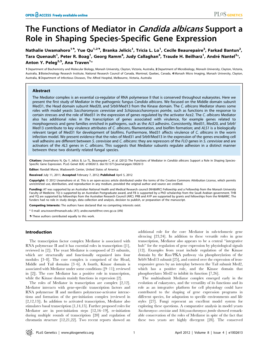 The Functions of Mediator in Candida Albicans Support a Role in Shaping Species-Specific Gene Expression