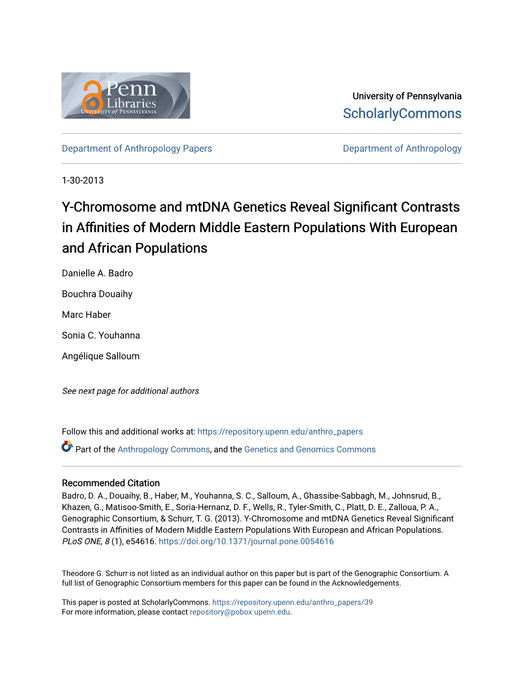 Y-Chromosome and Mtdna Genetics Reveal Significant Contrasts in Affinities of Modern Middle Easternopulations P with European and African Populations