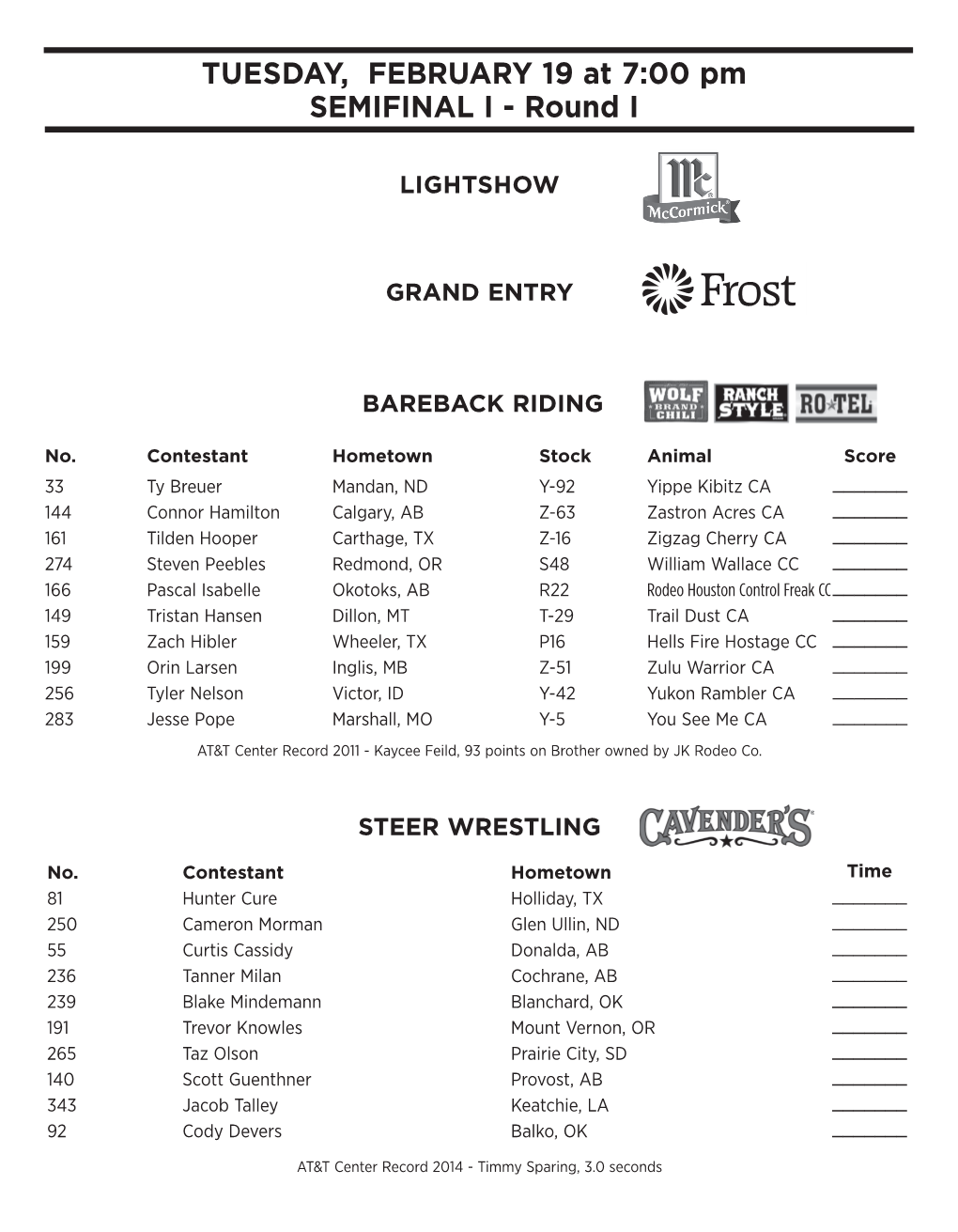 TUESDAY, FEBRUARY 19 at 7:00 Pm SEMIFINAL I - Round I