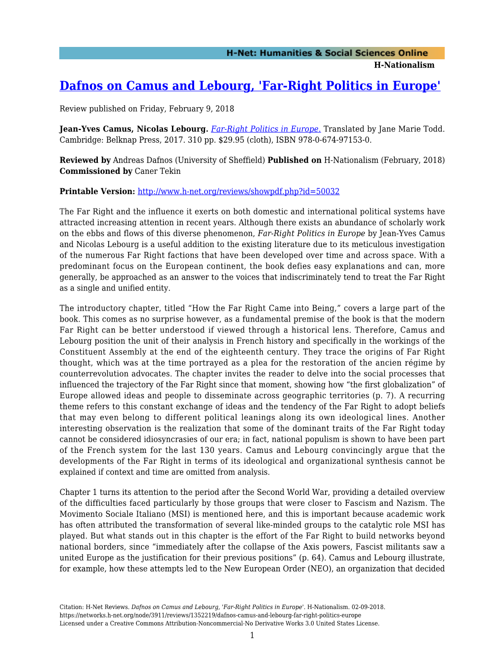 Dafnos on Camus and Lebourg, 'Far-Right Politics in Europe'