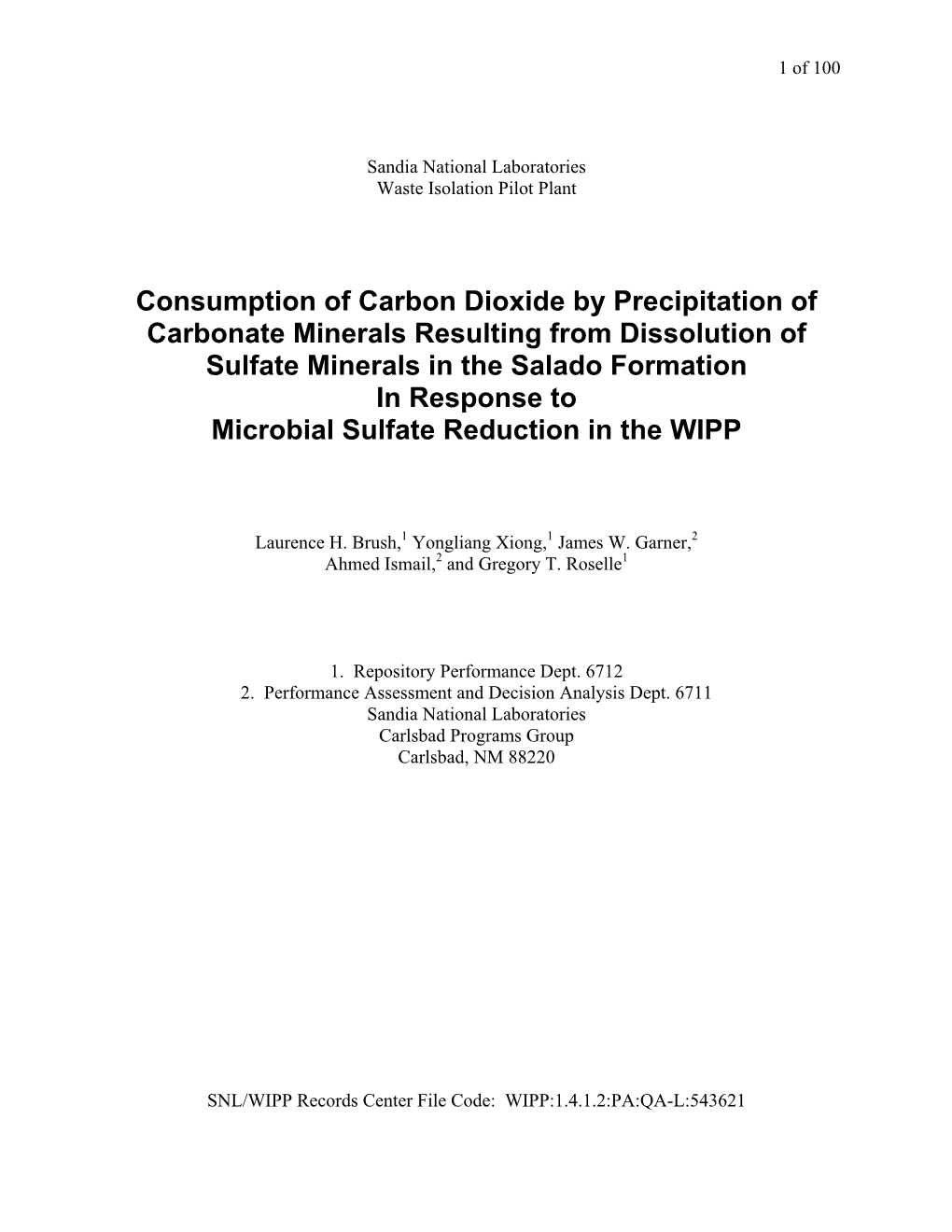 Consumption of Carbon Dioxide by Precipitation of Carbonate Minerals